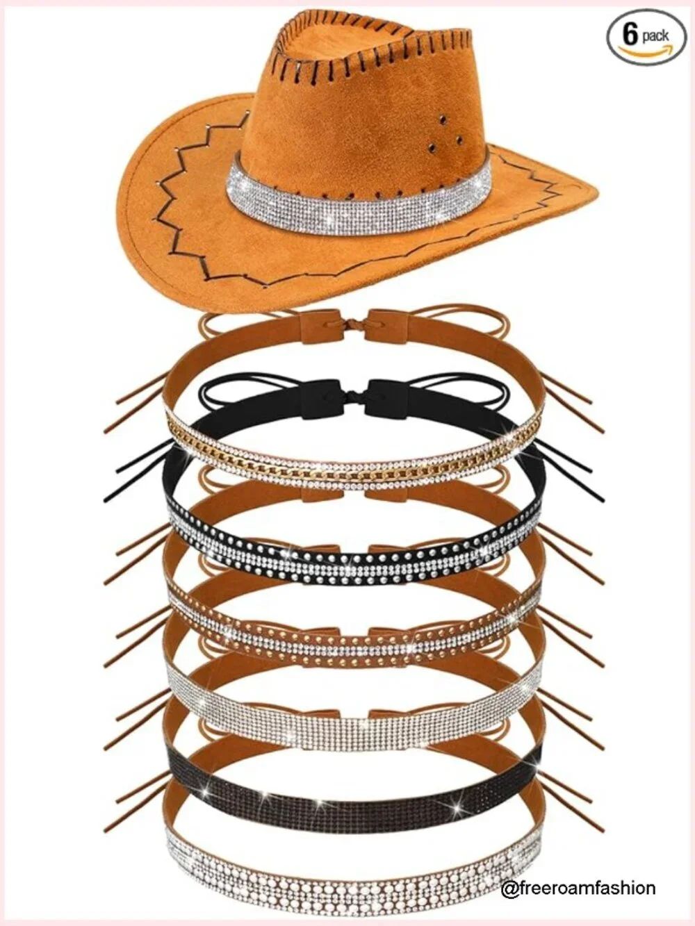 6 Pack Adjustable Rhinestone Hat Bands for Cowboy Hats Western Style Hatband Set